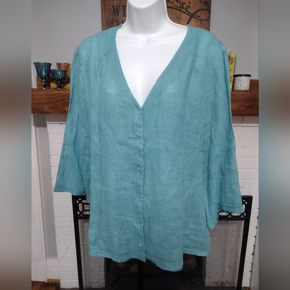 123 Paris linen V-neck button front oversized Lagenlook Aqua Teal blouse
